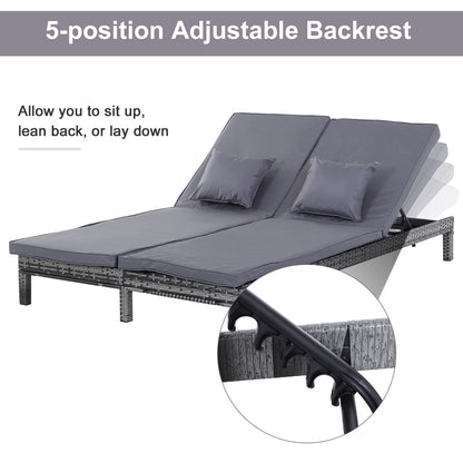 Outsunny 2 Seater Rattan Lounger Adjustable Double Chaise Chair Loveseat w/ Cushion - Grey 