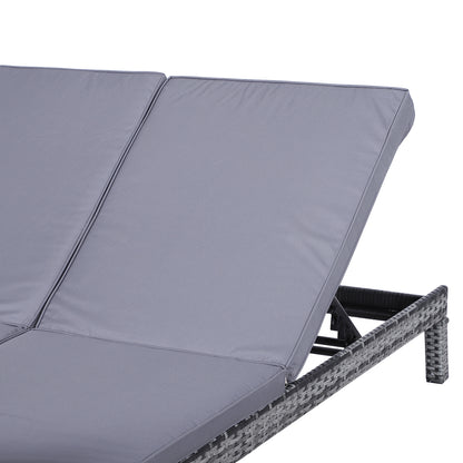 Outsunny 2 Seater Rattan Lounger Adjustable Double Chaise Chair Loveseat w/ Cushion - Grey 