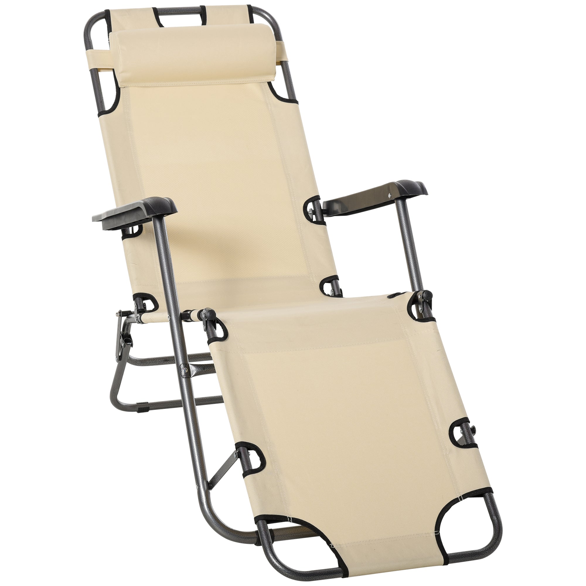 Outsunny 2 in 1 Sun Lounger Folding Reclining Chair Garden Outdoor Camping Adjustable Back with Pillow, Beige 