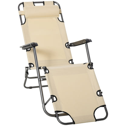 Outsunny 2 in 1 Sun Lounger Folding Reclining Chair Garden Outdoor Camping Adjustable Back with Pillow, Beige 