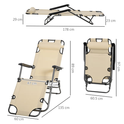 Outsunny 2 in 1 Sun Lounger Folding Reclining Chair Garden Outdoor Camping Adjustable Back with Pillow, Beige 