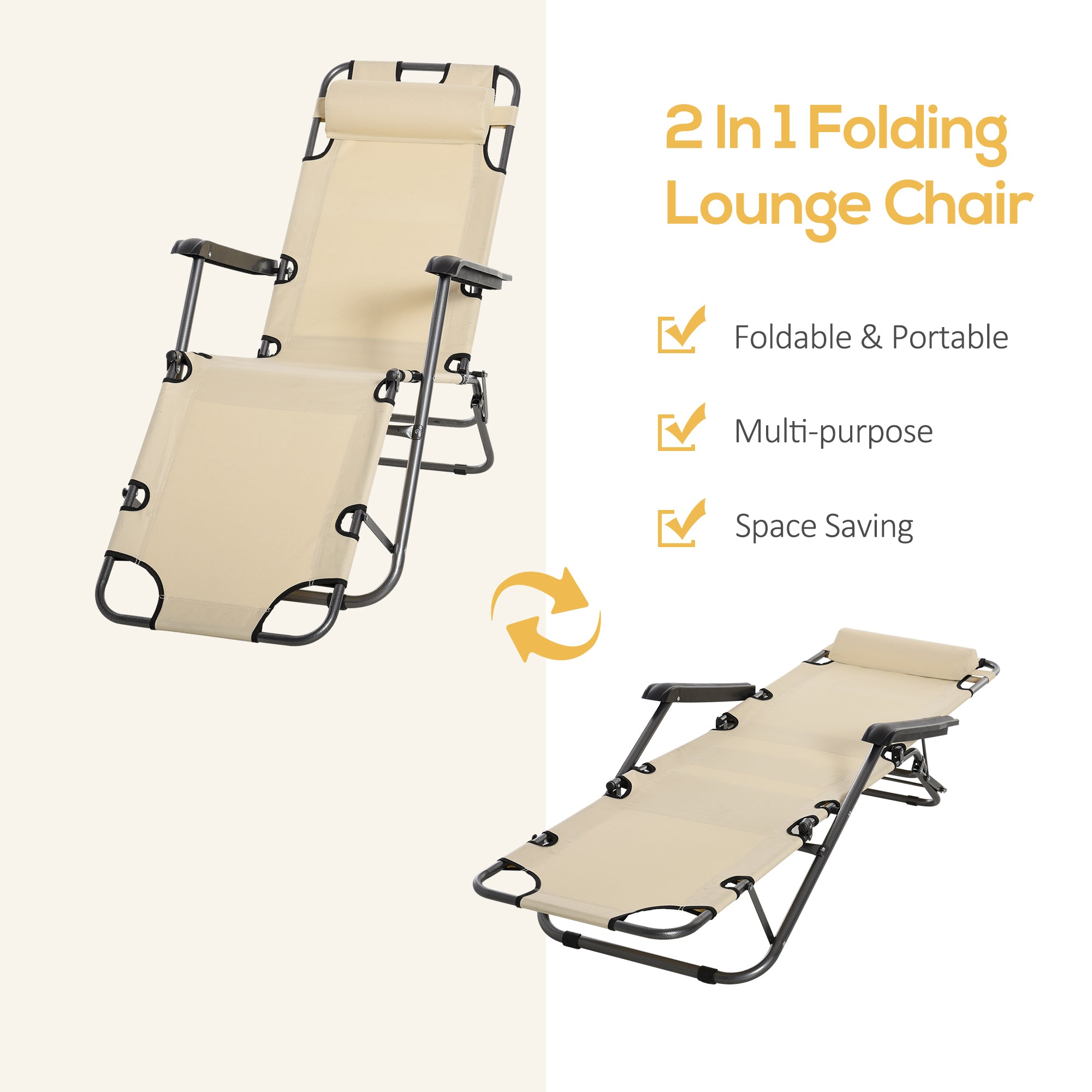 Outsunny 2 in 1 Sun Lounger Folding Reclining Chair Garden Outdoor Camping Adjustable Back with Pillow, Beige 