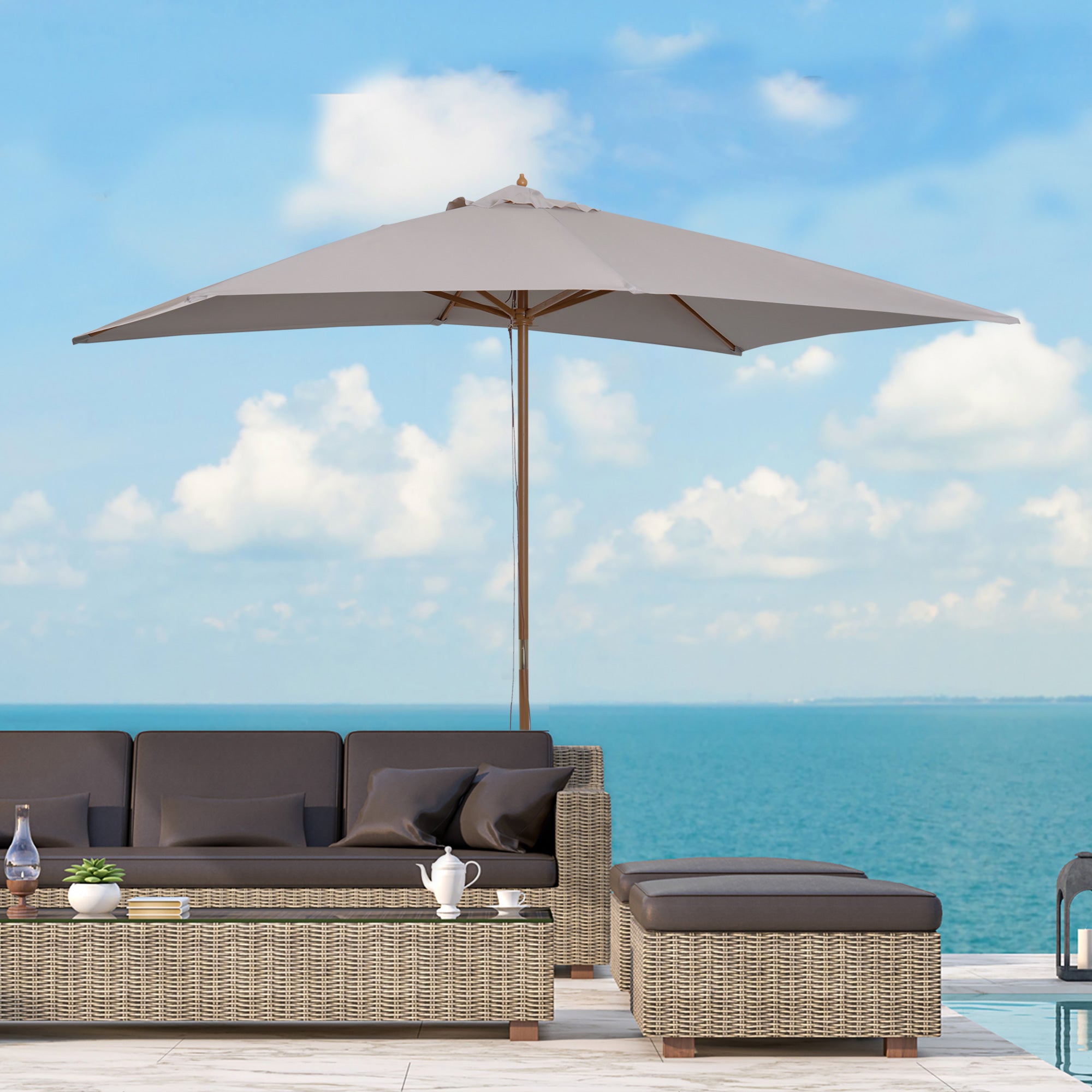 Outsunny 2 x 3m Wooden Garden Parasol Umbrella Outdoor Sun Shade Canopy, Light Grey 
