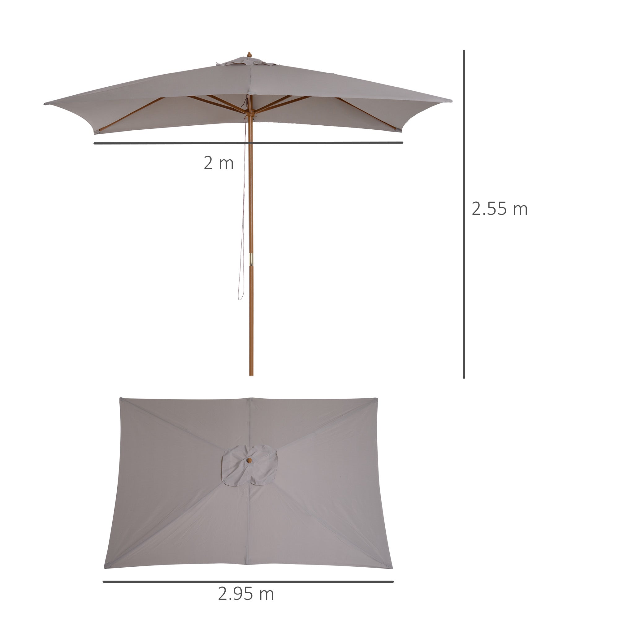 Outsunny 2 x 3m Wooden Garden Parasol Umbrella Outdoor Sun Shade Canopy, Light Grey 