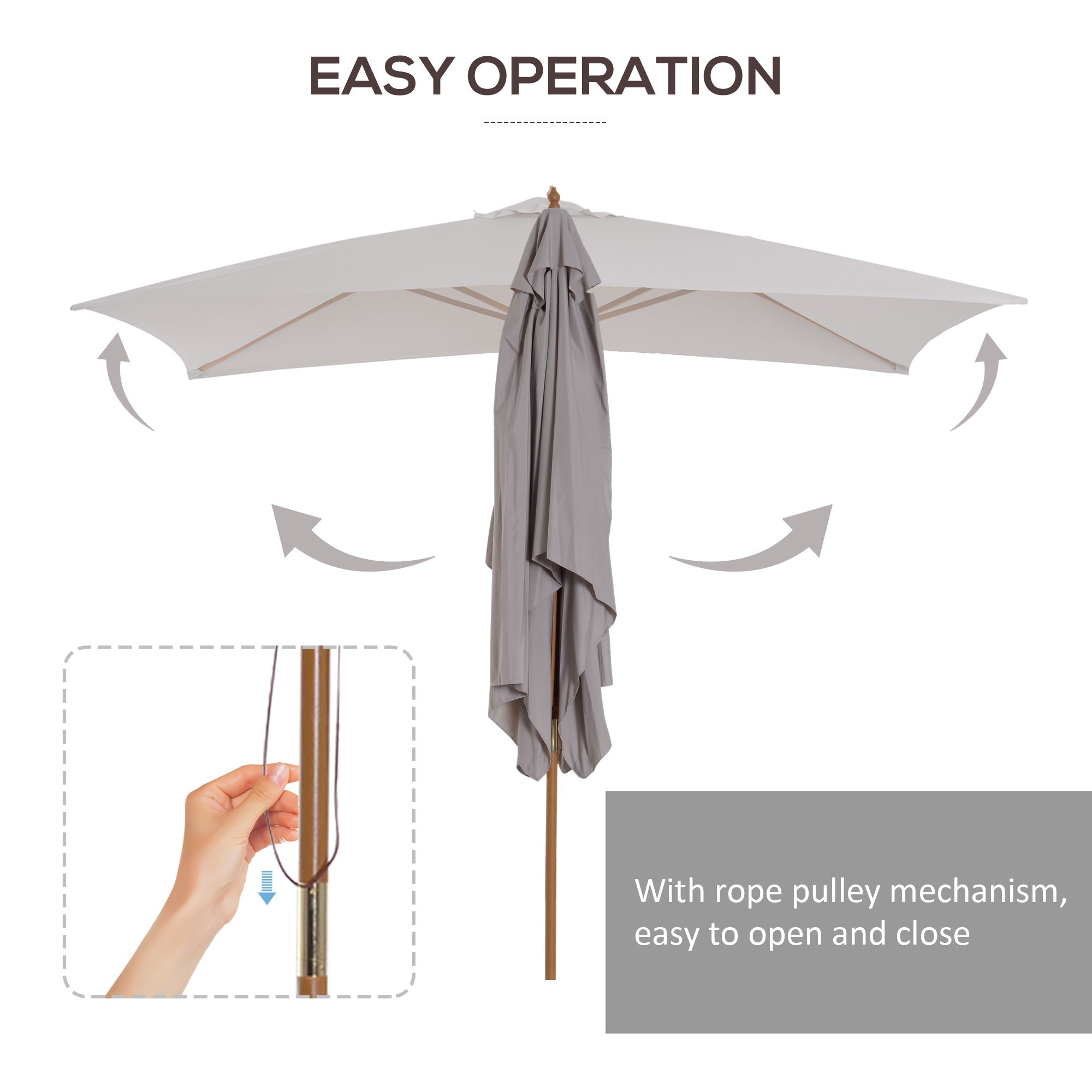 Outsunny 2 x 3m Wooden Garden Parasol Umbrella Outdoor Sun Shade Canopy, Light Grey 