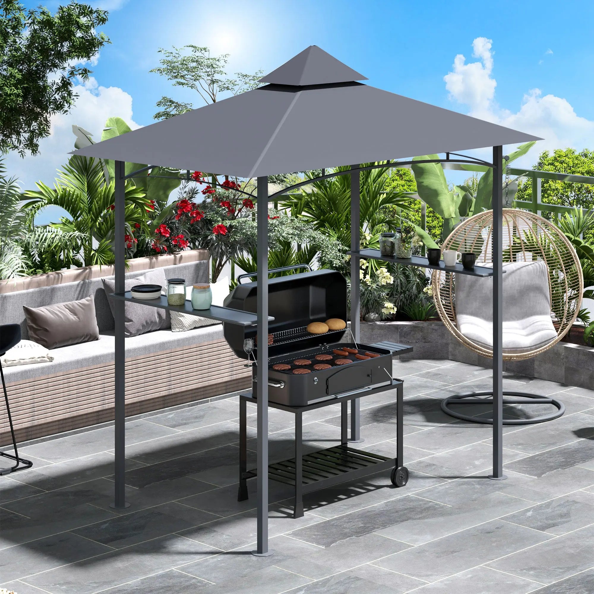 Outsunny 2.5M (8ft) New Double-Tier BBQ Gazebo Grill Canopy Barbecue Tent Shelter Patio Deck Cover - Grey 