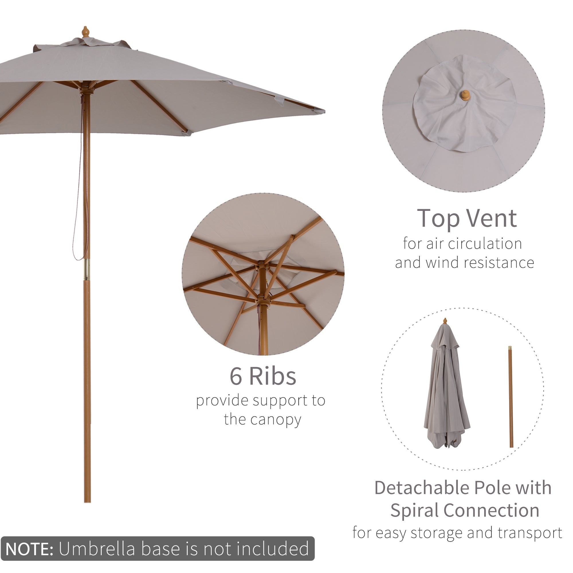 Outsunny 2.5m Wood Garden Parasol Sun Shade Patio Outdoor Wooden Umbrella Canopy Grey 