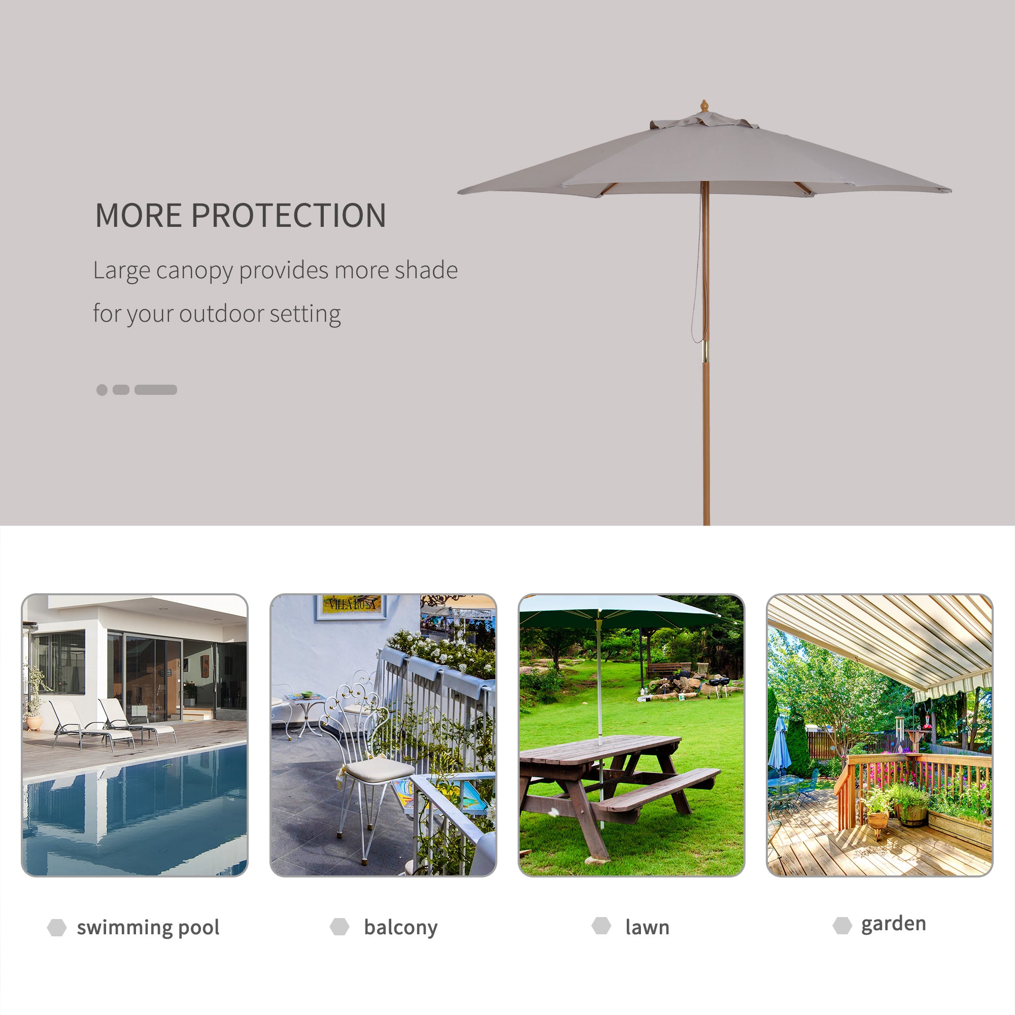 Outsunny 2.5m Wood Garden Parasol Sun Shade Patio Outdoor Wooden Umbrella Canopy Grey 