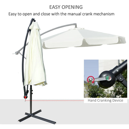 Outsunny 2.7m Garden Banana Parasol Cantilever Umbrella with Crank Handle and Cross Base for Outdoor, Hanging Sun Shade, Cream White 