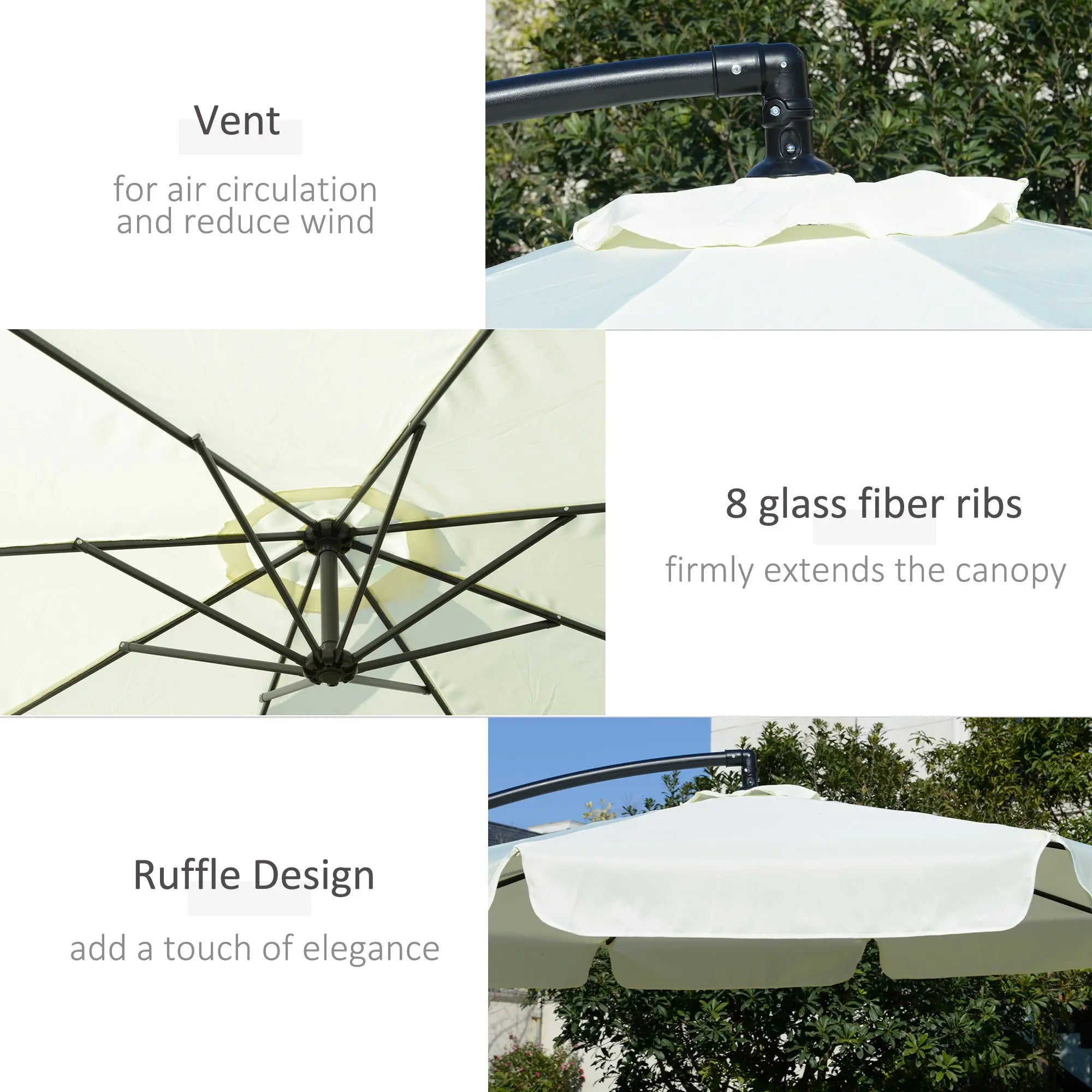 Outsunny 2.7m Garden Banana Parasol Cantilever Umbrella with Crank Handle and Cross Base for Outdoor, Hanging Sun Shade, Cream White 