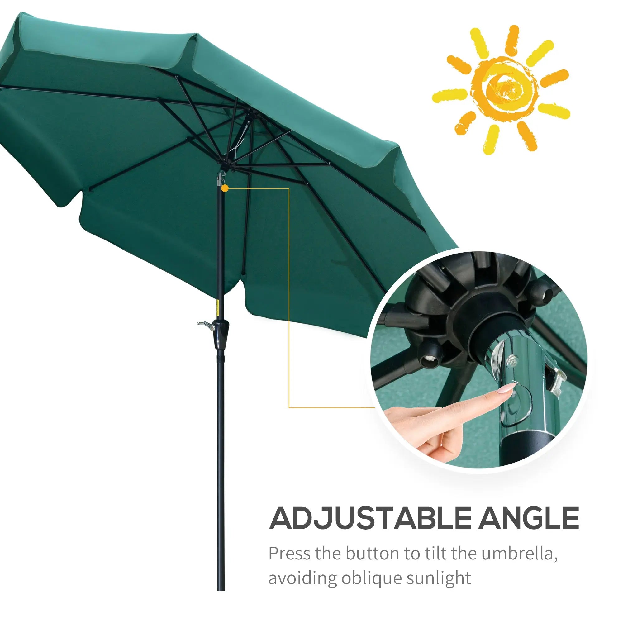 Outsunny 2.7m Patio Parasol Garden Umbrellas Outdoor Sun Shade Table Umbrella with Tilt, Crank, 8 Ribs, Ruffles, Green 