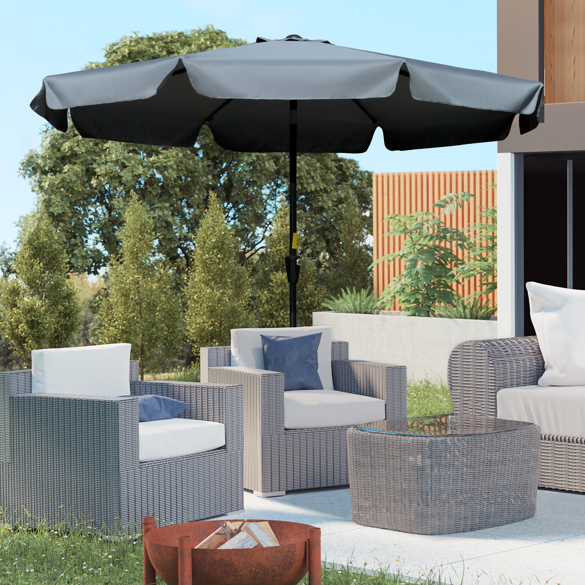 Outsunny 2.7m Patio Parasol Garden Umbrellas Outdoor Sun Shade Table Umbrella with Tilt, Crank, 8 Ribs, Ruffles, Grey 