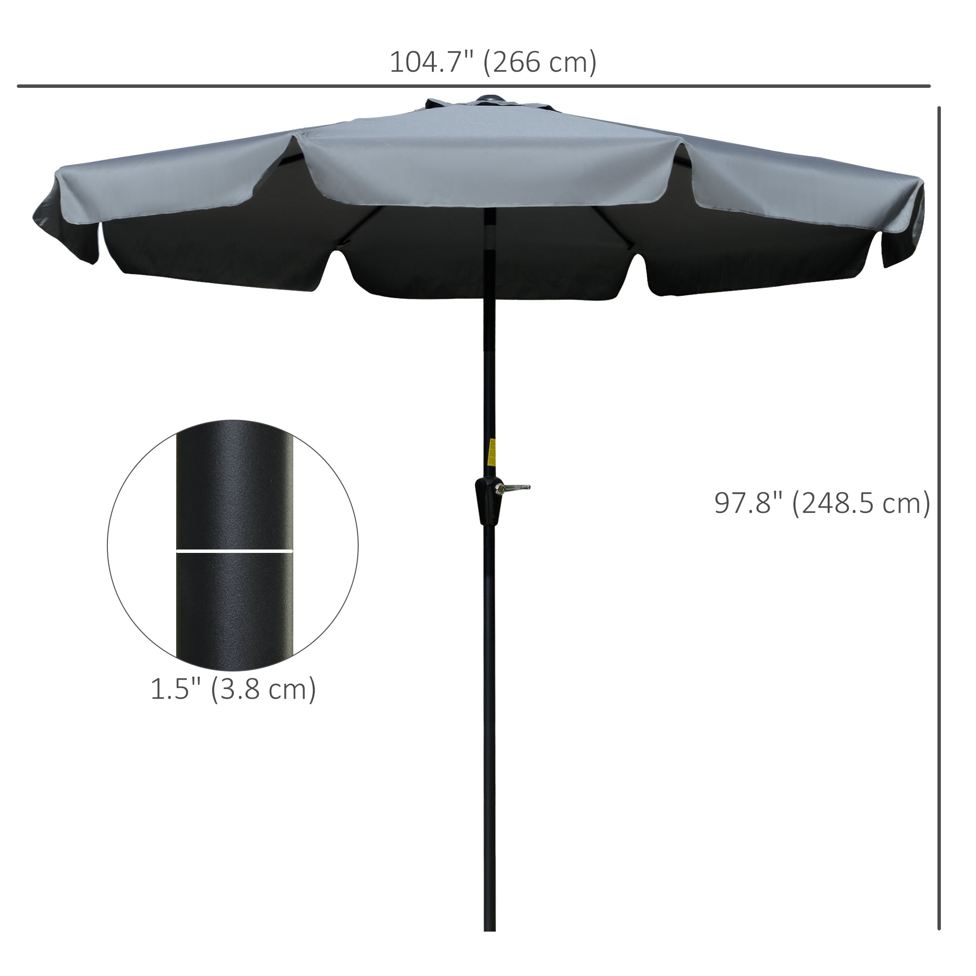 Outsunny 2.7m Patio Parasol Garden Umbrellas Outdoor Sun Shade Table Umbrella with Tilt, Crank, 8 Ribs, Ruffles, Grey 