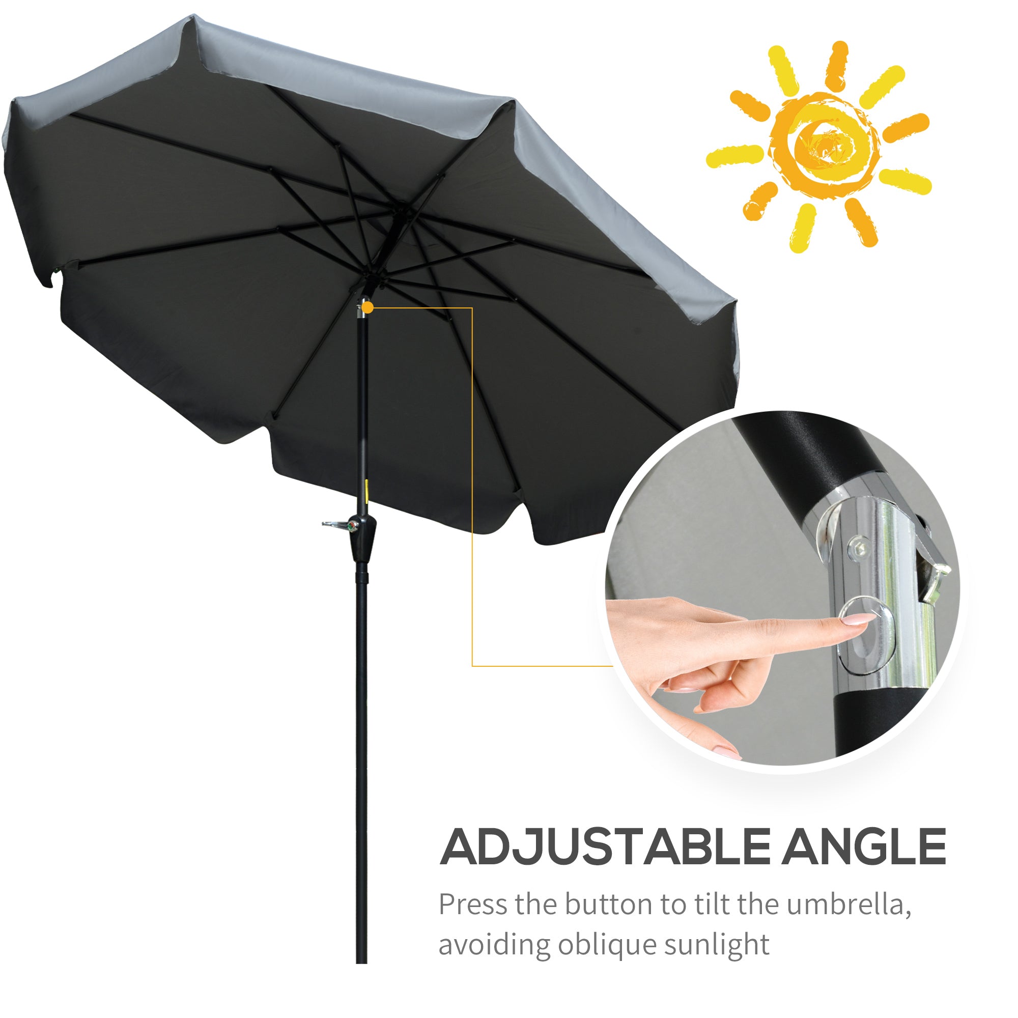 Outsunny 2.7m Patio Parasol Garden Umbrellas Outdoor Sun Shade Table Umbrella with Tilt, Crank, 8 Ribs, Ruffles, Grey 