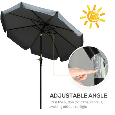Outsunny 2.7m Patio Parasol Garden Umbrellas Outdoor Sun Shade Table Umbrella with Tilt, Crank, 8 Ribs, Ruffles, Grey 