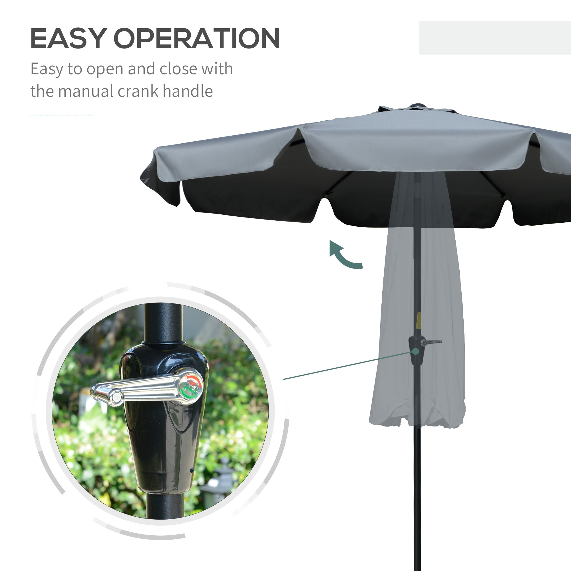 Outsunny 2.7m Patio Parasol Garden Umbrellas Outdoor Sun Shade Table Umbrella with Tilt, Crank, 8 Ribs, Ruffles, Grey 