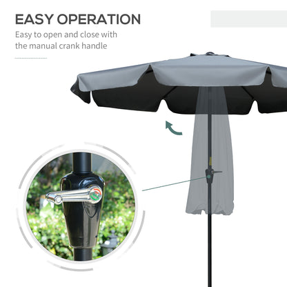 Outsunny 2.7m Patio Parasol Garden Umbrellas Outdoor Sun Shade Table Umbrella with Tilt, Crank, 8 Ribs, Ruffles, Grey 