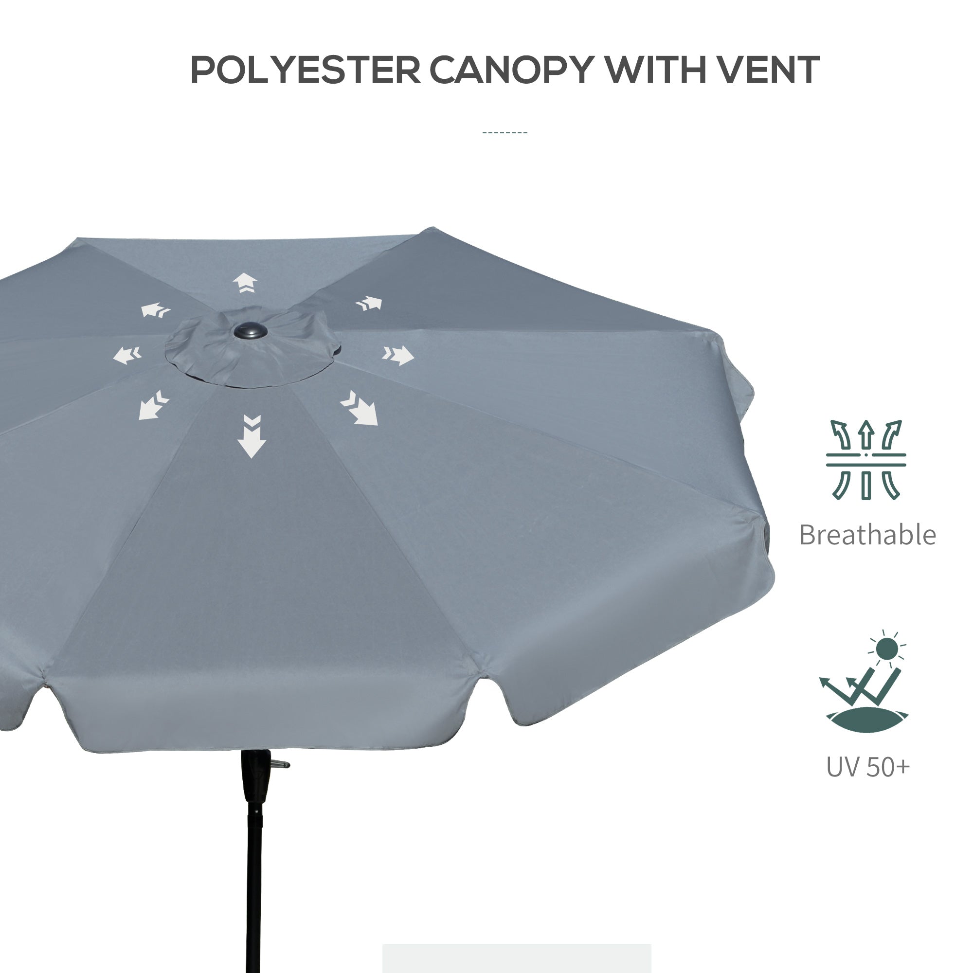 Outsunny 2.7m Patio Parasol Garden Umbrellas Outdoor Sun Shade Table Umbrella with Tilt, Crank, 8 Ribs, Ruffles, Grey 