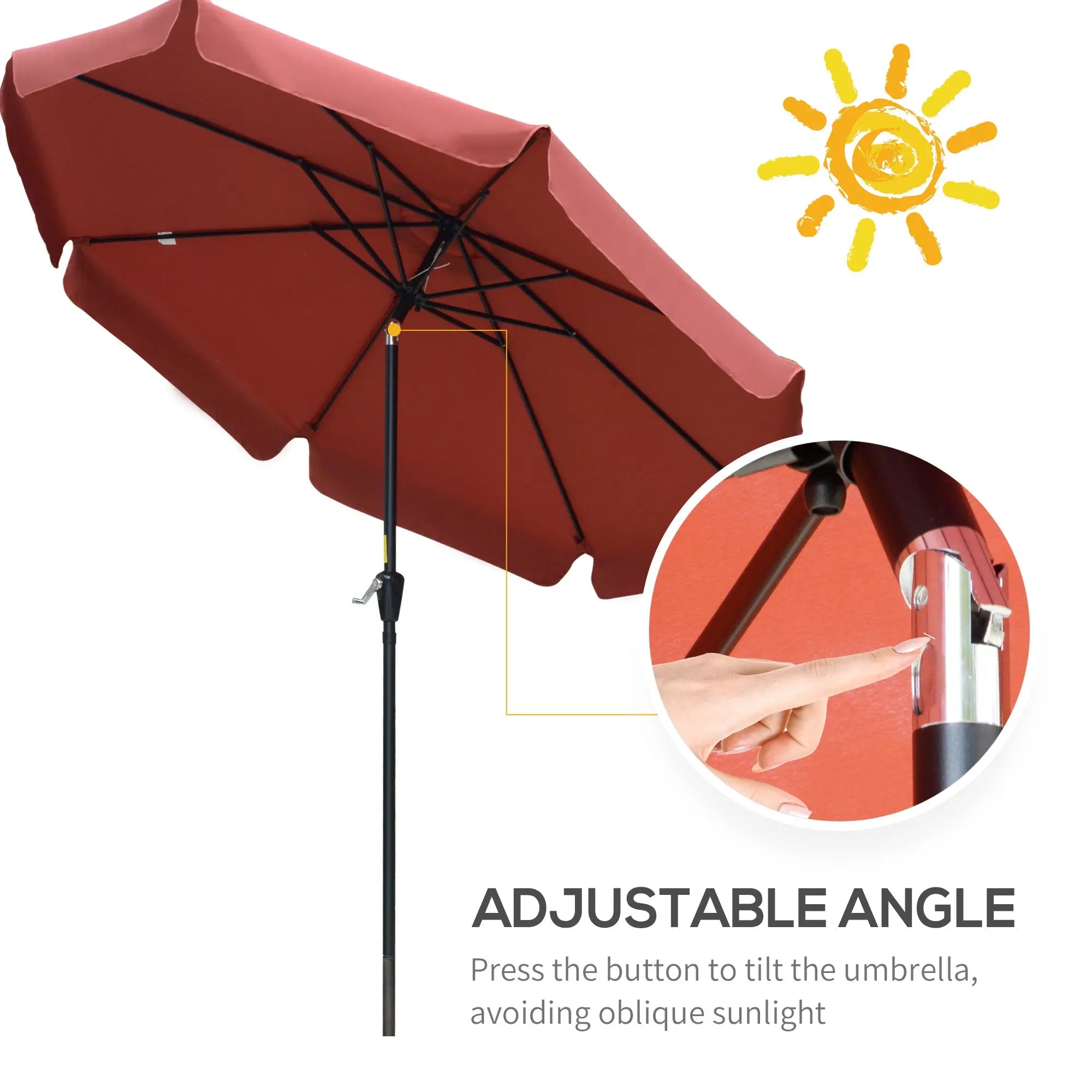 Outsunny 2.7m Patio Parasol Garden Umbrellas Outdoor Sun Shade Table Umbrella with Tilt, Crank, 8 Ribs, Ruffles, Wine Red 