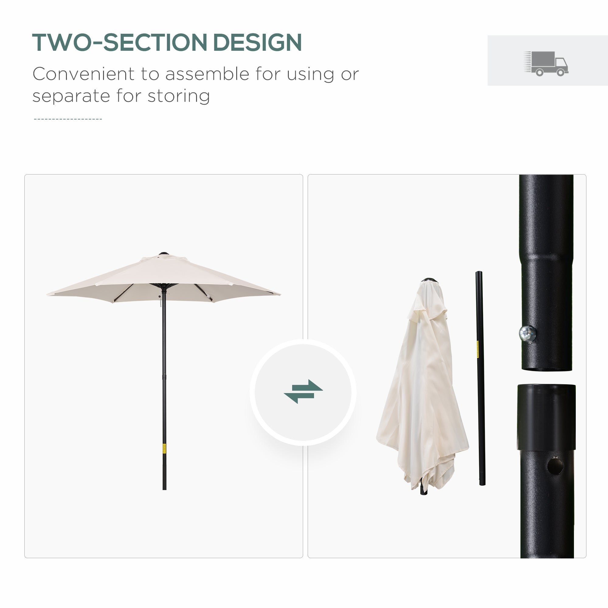 Outsunny 2m Garden Parasol Umbrella, Outdoor Sun Shade with 6 Sturdy Ribs for Balcony, Bench, Garden, Cream White 