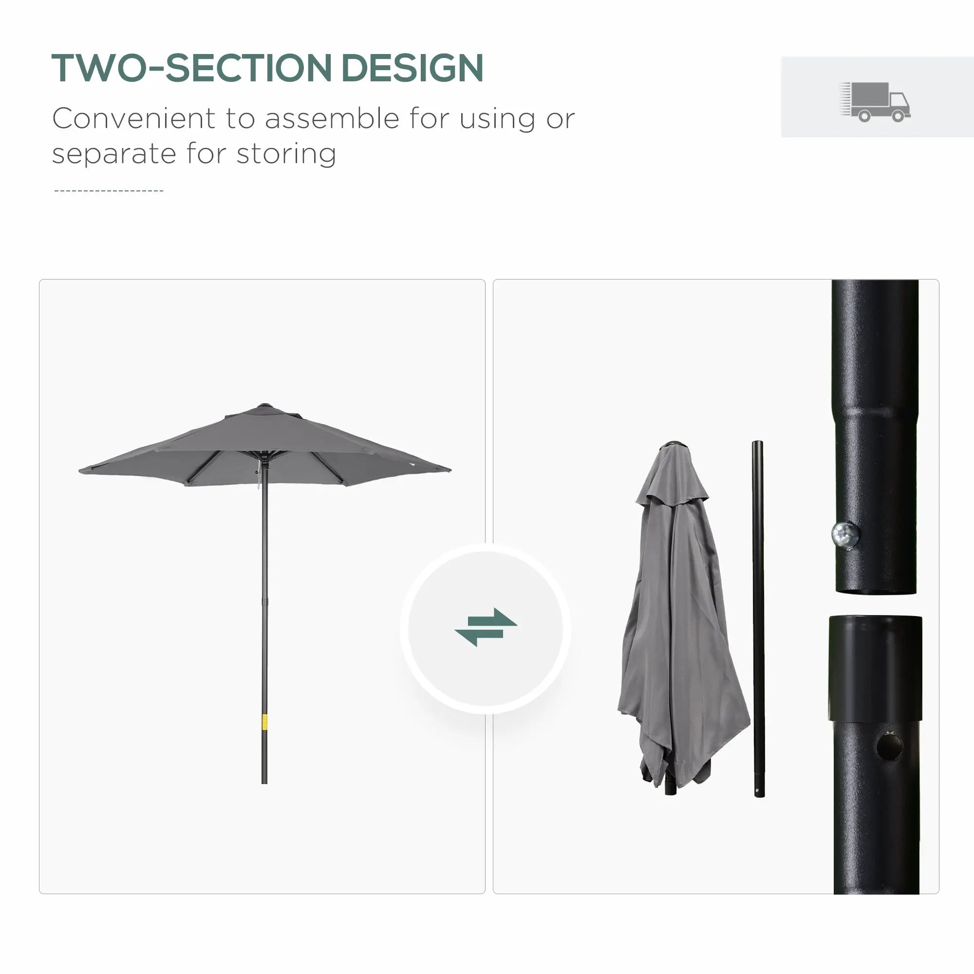 Outsunny 2m Garden Parasol Umbrella, Outdoor Sun Shade with 6 Sturdy Ribs for Balcony, Bench, Garden, Dark Grey 