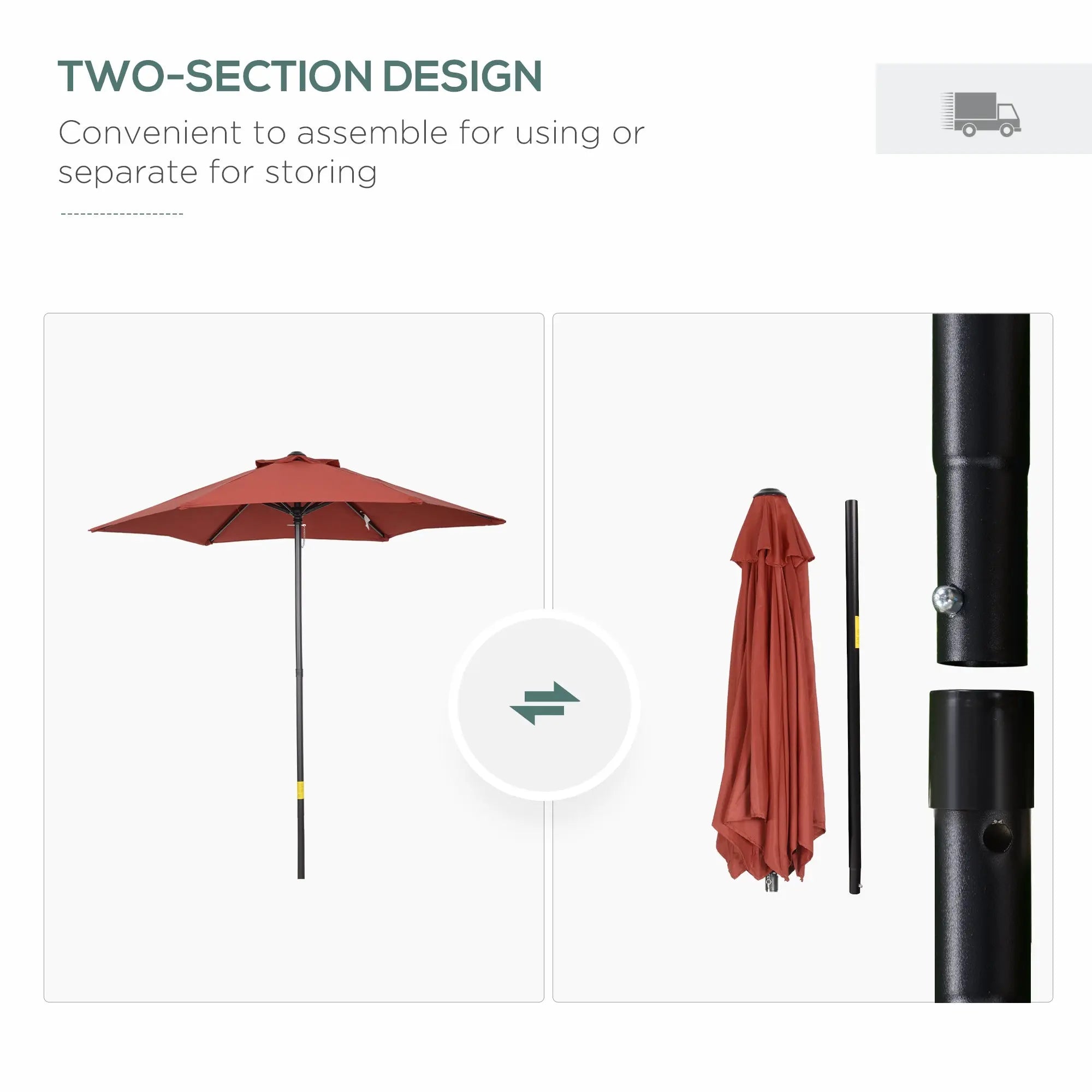 Outsunny 2m Garden Parasol Umbrella, Outdoor Sun Shade with 6 Sturdy Ribs for Balcony, Bench, Garden, Wine Red 