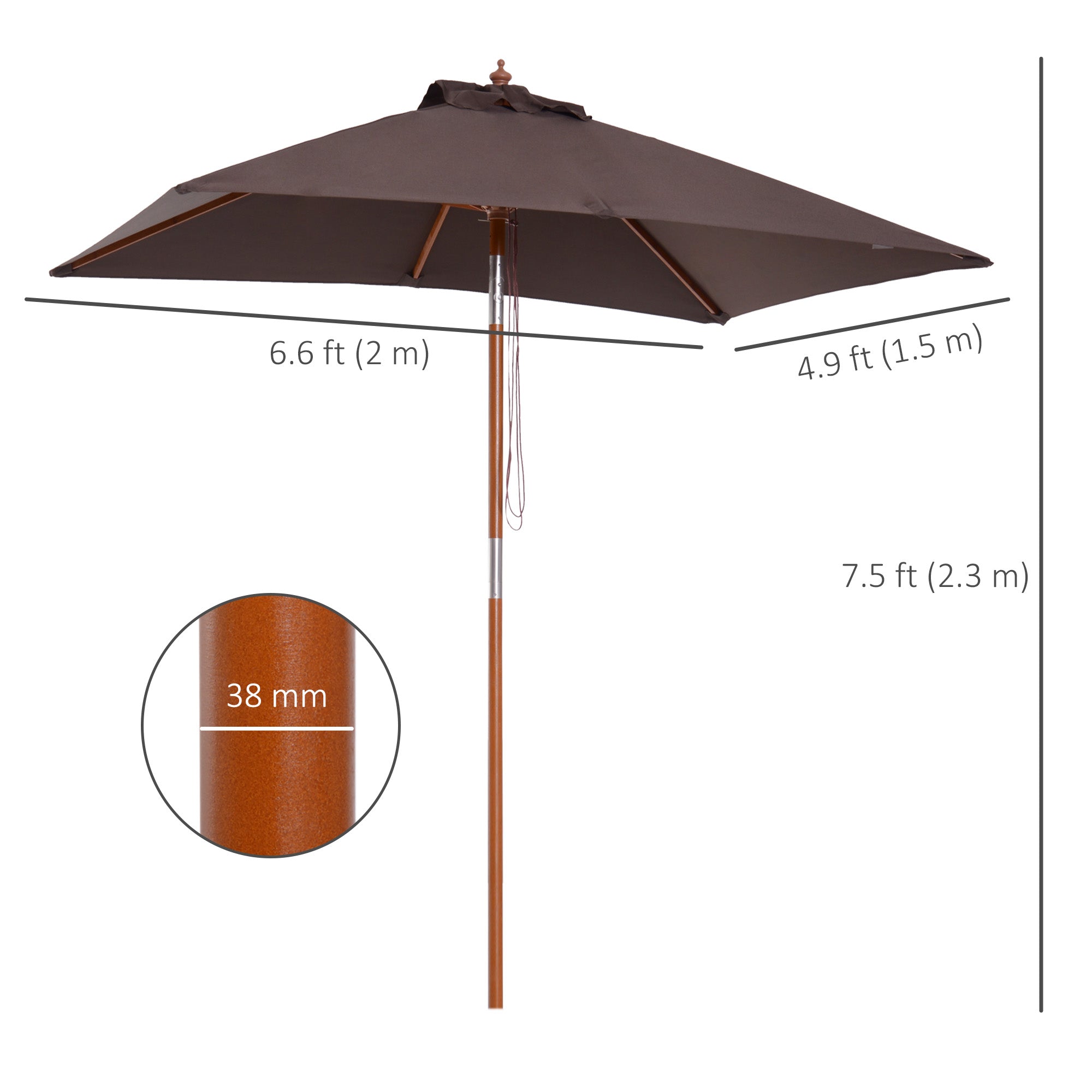 Outsunny 2m x 1.5m Garden Parasol Umbrella with Tilting Sunshade Canopy, Outdoor Market Table Umbrella with Wood and Bamboo Frame, Coffee 