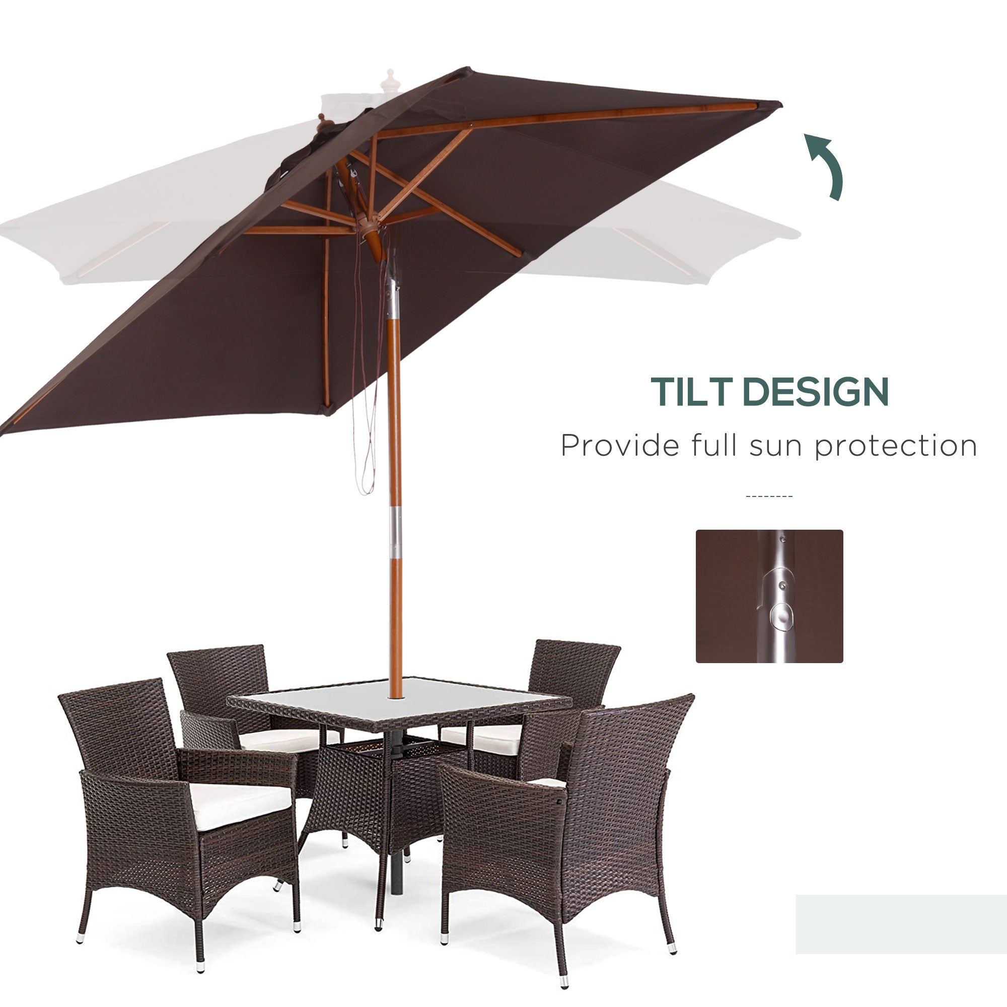 Outsunny 2m x 1.5m Garden Parasol Umbrella with Tilting Sunshade Canopy, Outdoor Market Table Umbrella with Wood and Bamboo Frame, Coffee 