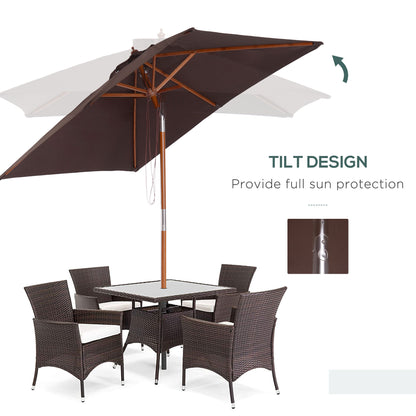 Outsunny 2m x 1.5m Garden Parasol Umbrella with Tilting Sunshade Canopy, Outdoor Market Table Umbrella with Wood and Bamboo Frame, Coffee 
