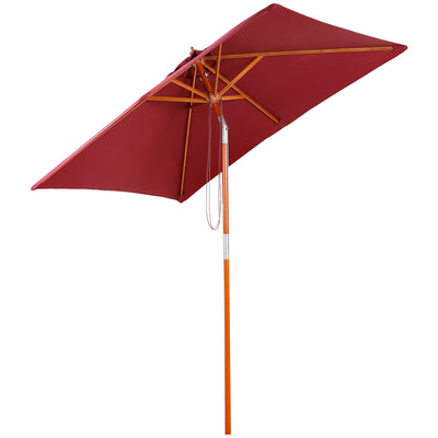 Outsunny 2m x 1.5m Garden Parasol Umbrella with Tilting Sunshade Canopy, Outdoor Market Table Umbrella with Wood and Bamboo Frame, Wine Red 