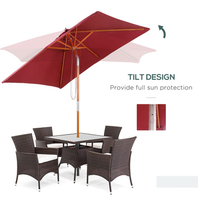Outsunny 2m x 1.5m Garden Parasol Umbrella with Tilting Sunshade Canopy, Outdoor Market Table Umbrella with Wood and Bamboo Frame, Wine Red 