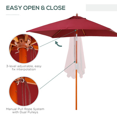 Outsunny 2m x 1.5m Garden Parasol Umbrella with Tilting Sunshade Canopy, Outdoor Market Table Umbrella with Wood and Bamboo Frame, Wine Red 
