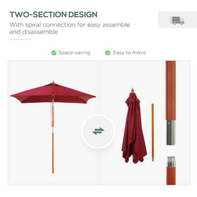 Outsunny 2m x 1.5m Garden Parasol Umbrella with Tilting Sunshade Canopy, Outdoor Market Table Umbrella with Wood and Bamboo Frame, Wine Red 