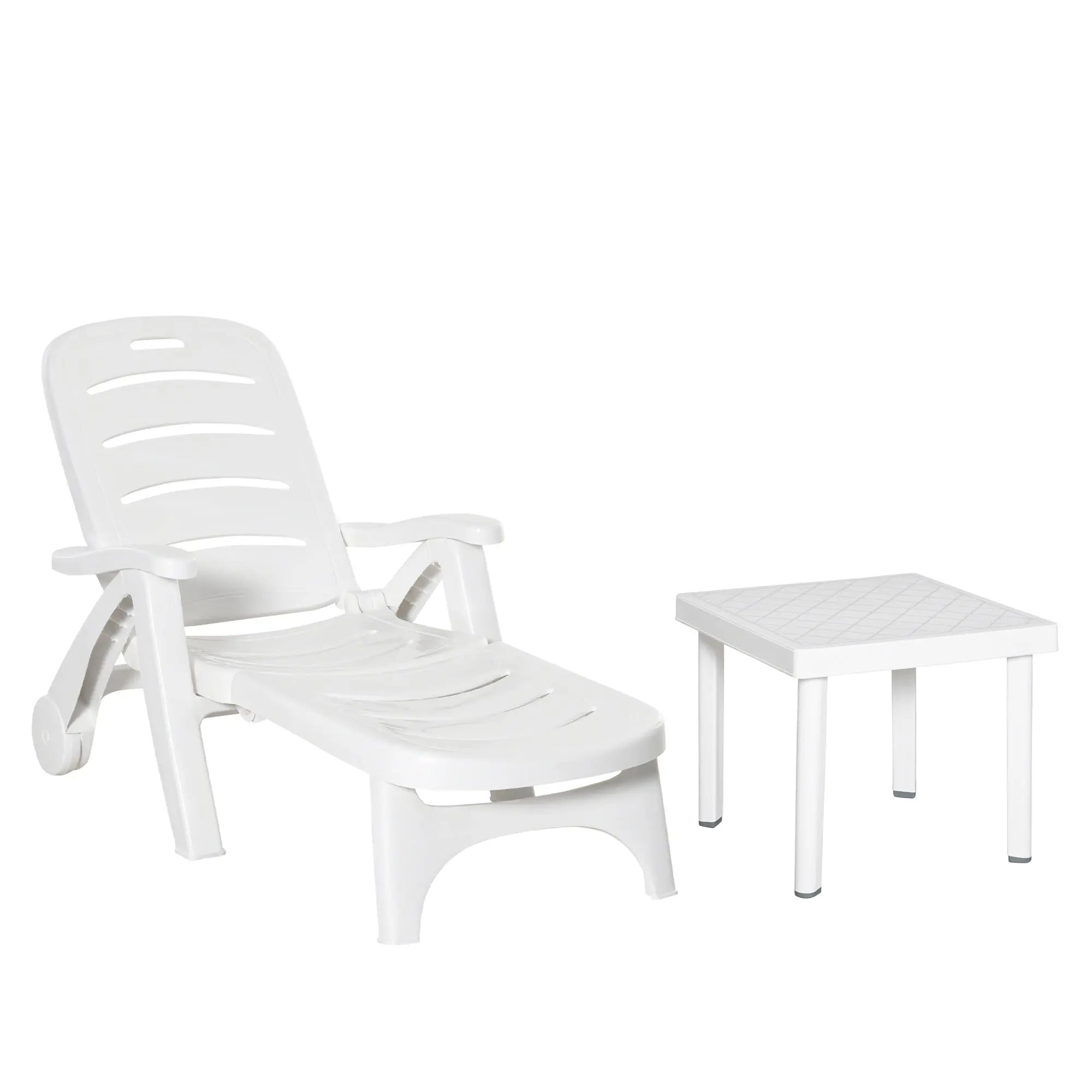 Outsunny 2pcs Garden Furniture Set Outdoor Furniture Set Dining Table, 1 Lounge Chair and 1 Garden Side Table White 