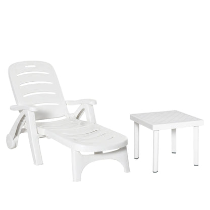 Outsunny 2pcs Garden Furniture Set Outdoor Furniture Set Dining Table, 1 Lounge Chair and 1 Garden Side Table White 