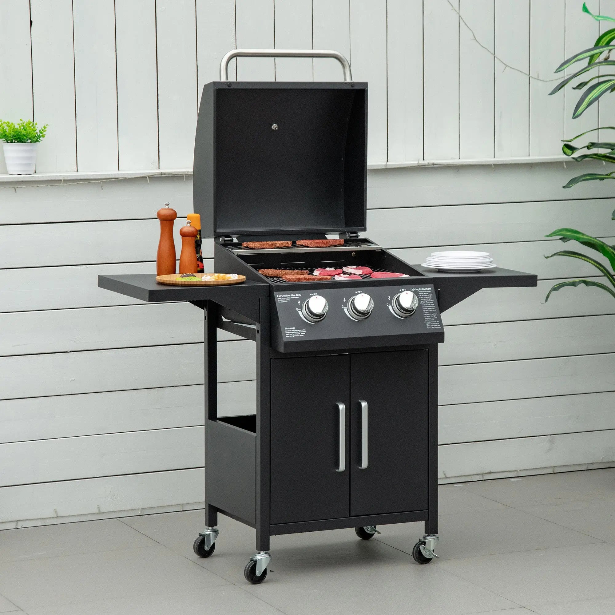 Outsunny 3 Burner Gas BBQ Grill Outdoor Portable Barbecue Trolley w/ Warming Rack, Side Shelves, Storage Cabinet, Thermometer, Carbon Steel, Black 