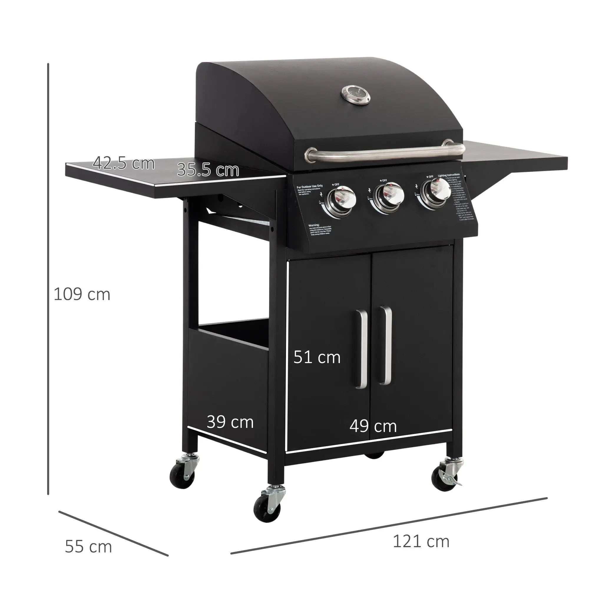 Outsunny 3 Burner Gas BBQ Grill Outdoor Portable Barbecue Trolley w/ Warming Rack, Side Shelves, Storage Cabinet, Thermometer, Carbon Steel, Black 