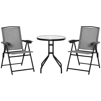 Outsunny 3 Piece Outdoor Bistro Set, Patio Conversation Furniture Set with 2 Folding Backrest Adjustable Armchairs and Glass Top Coffee Table, Grey 