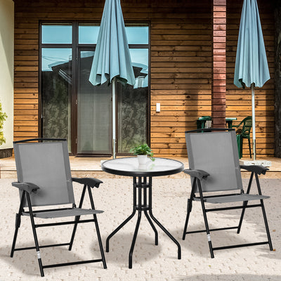 Outsunny 3 Piece Outdoor Bistro Set, Patio Conversation Furniture Set with 2 Folding Backrest Adjustable Armchairs and Glass Top Coffee Table, Grey 