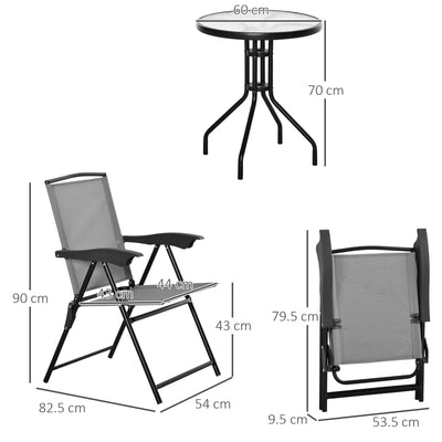 Outsunny 3 Piece Outdoor Bistro Set, Patio Conversation Furniture Set with 2 Folding Backrest Adjustable Armchairs and Glass Top Coffee Table, Grey 