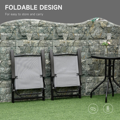 Outsunny 3 Piece Outdoor Bistro Set, Patio Conversation Furniture Set with 2 Folding Backrest Adjustable Armchairs and Glass Top Coffee Table, Grey 