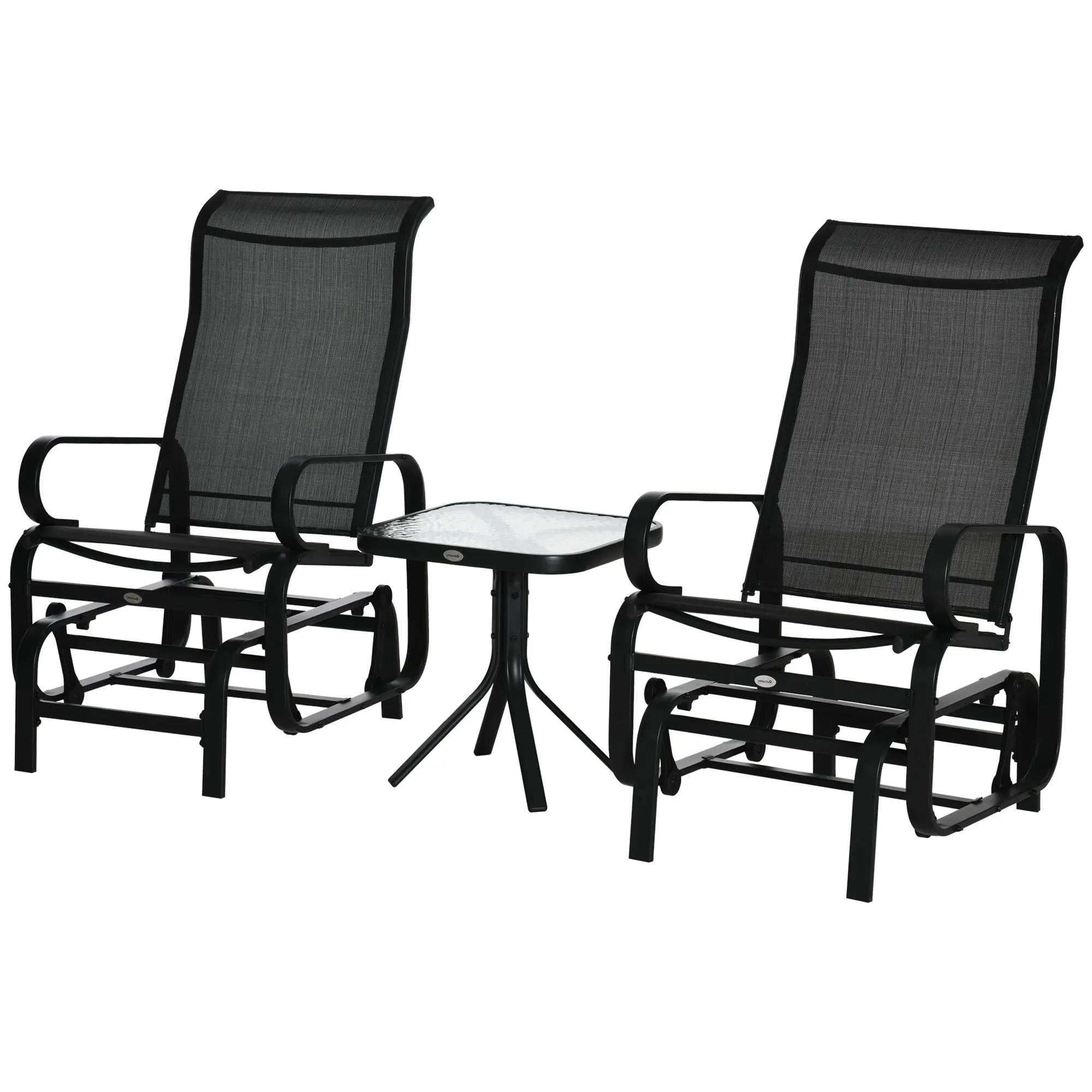 Outsunny 3 Pieces Garden Gliding Chair Set, Metal Frame 2 Single Armchair Swing Seater and 1 Glass Top Coffee Table w/ Breath Mesh Fabric Seat, Black 