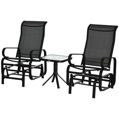 Outsunny 3 Pieces Garden Gliding Chair Set, Metal Frame 2 Single Armchair Swing Seater and 1 Glass Top Coffee Table w/ Breath Mesh Fabric Seat, Black 
