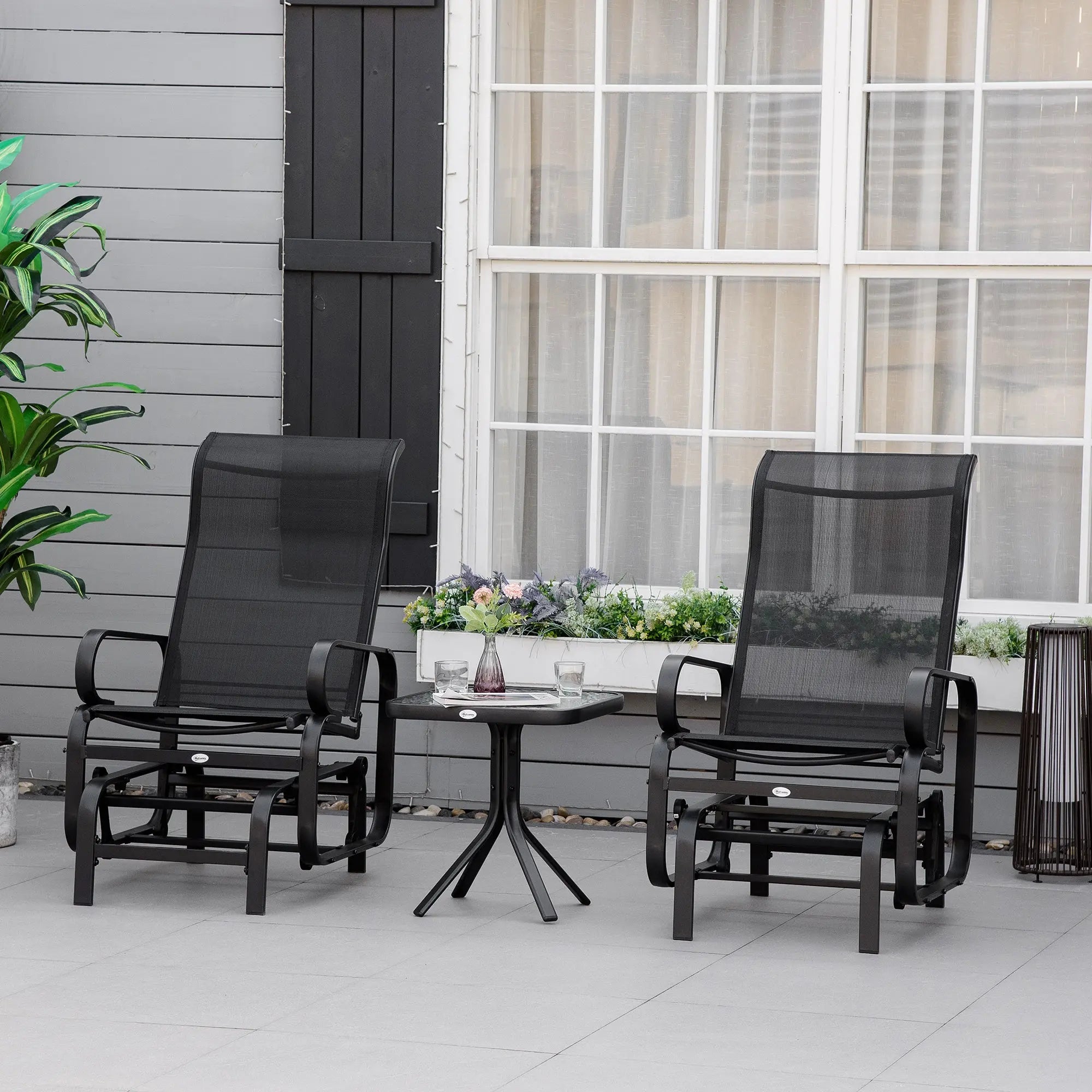 Outsunny 3 Pieces Garden Gliding Chair Set, Metal Frame 2 Single Armchair Swing Seater and 1 Glass Top Coffee Table w/ Breath Mesh Fabric Seat, Black 