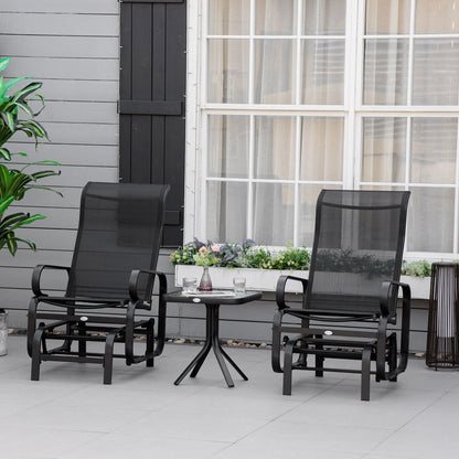 Outsunny 3 Pieces Garden Gliding Chair Set, Metal Frame 2 Single Armchair Swing Seater and 1 Glass Top Coffee Table w/ Breath Mesh Fabric Seat, Black 