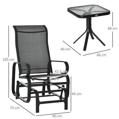 Outsunny 3 Pieces Garden Gliding Chair Set, Metal Frame 2 Single Armchair Swing Seater and 1 Glass Top Coffee Table w/ Breath Mesh Fabric Seat, Black 