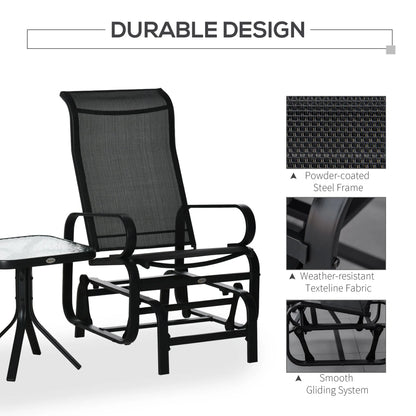 Outsunny 3 Pieces Garden Gliding Chair Set, Metal Frame 2 Single Armchair Swing Seater and 1 Glass Top Coffee Table w/ Breath Mesh Fabric Seat, Black 