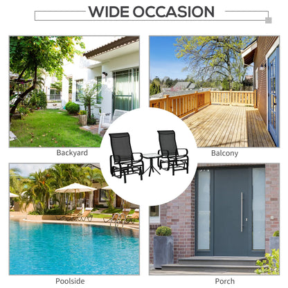 Outsunny 3 Pieces Garden Gliding Chair Set, Metal Frame 2 Single Armchair Swing Seater and 1 Glass Top Coffee Table w/ Breath Mesh Fabric Seat, Black 