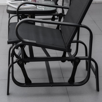 Outsunny 3 Pieces Garden Gliding Chair Set, Metal Frame 2 Single Armchair Swing Seater and 1 Glass Top Coffee Table w/ Breath Mesh Fabric Seat, Black 