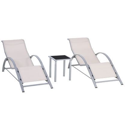 Outsunny 3 Pieces Lounge Chair Set Metal Frame Garden Outdoor Recliner Sunbathing Chair with Table, Cream 